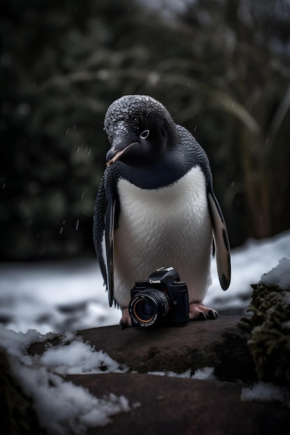 A penguin with a camera on a snowy day