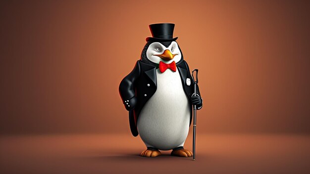 a penguin with a cane and a hat.