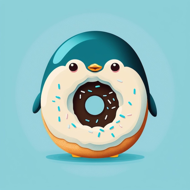 Photo penguin with a donut in its mouth generative ai