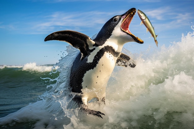 a penguin with a fish in its mouth is catching a fish