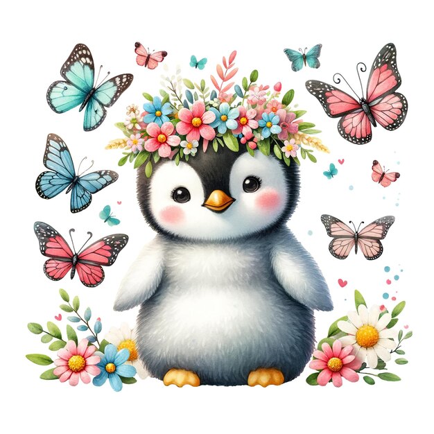 A penguin with a floral crown and butterflies