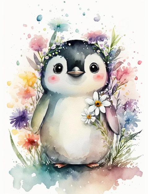 A penguin with a flower in his hand