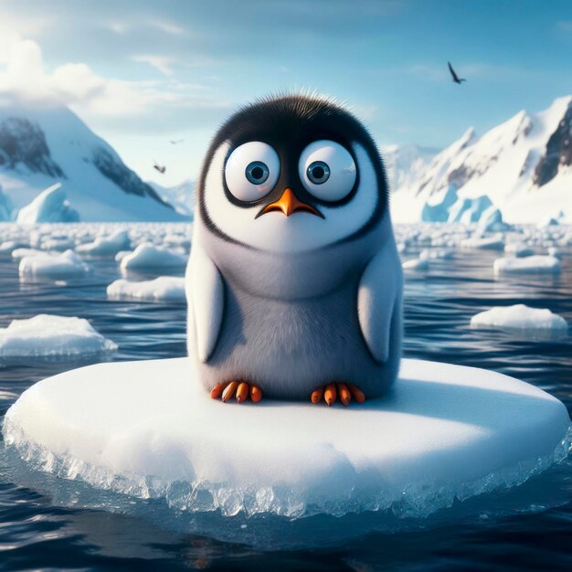 Penguin with a frightened expression and bulging eyes on an ice floe in the middle of the ocean ai generative