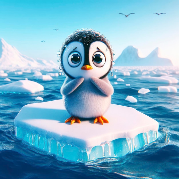恐ろしい表情と目が膨らむペンギンが海の真ん中にある氷の板の上にいます
