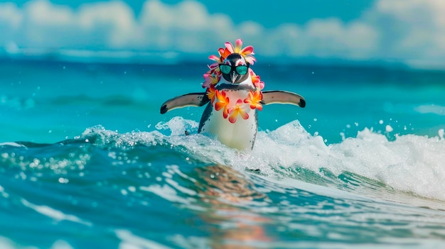 a penguin with glasses swims in the surf selective focus