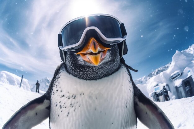 penguin with goggles and skis on in the snow generative ai