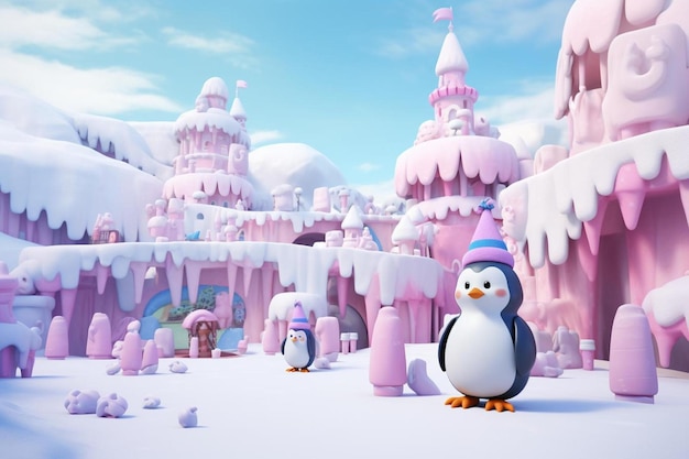 Foto un pinguino con un cappello e un pupazzo di neve sullo sfondo.