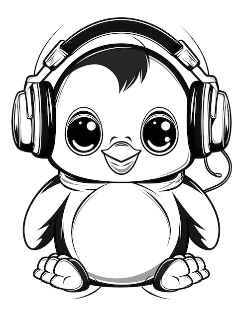 A penguin with headphones sitting on the ground Generative AI image Coloring book for kids