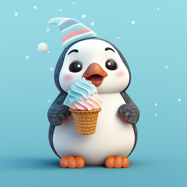 Penguin with ice cream blue background digital illustration