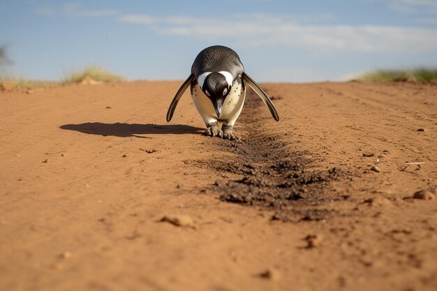 Photo a penguin with a penguin on its back walks down a path