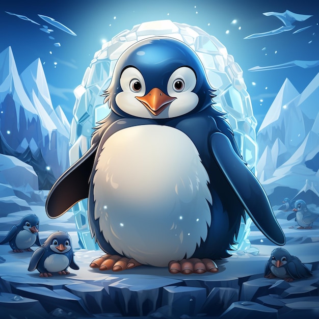 Penguin with penguins in a snowy landscape with a blue sky generative ai