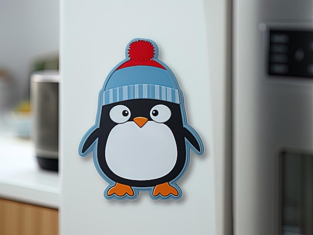 Photo a penguin with a red hat on it is on a refrigerator.