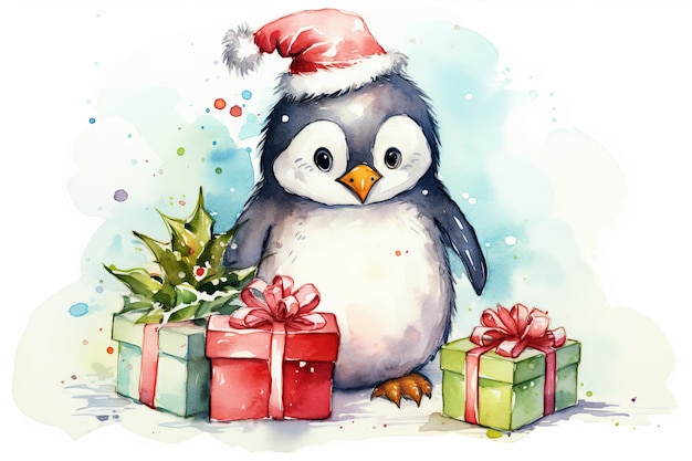 サンタの帽子をかぶったペンギンがプレゼントの隣に座っている
