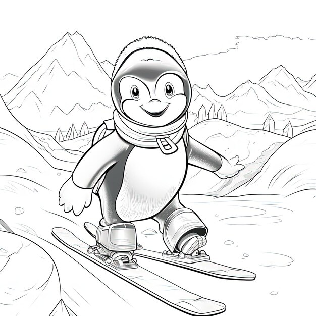 Photo penguin with skis riding on the slopes coloring page from ptahoja in the style of stark blackandwhit