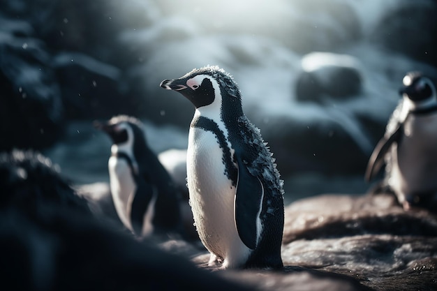 Пингвин с белым сундуком и черным сундуком стоит на скале.