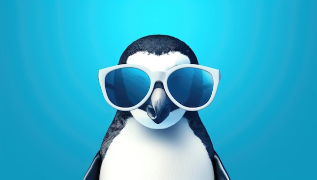 Photo penguin with whiteframed sunglasses against a bright blue background exuding a relaxed summer mood