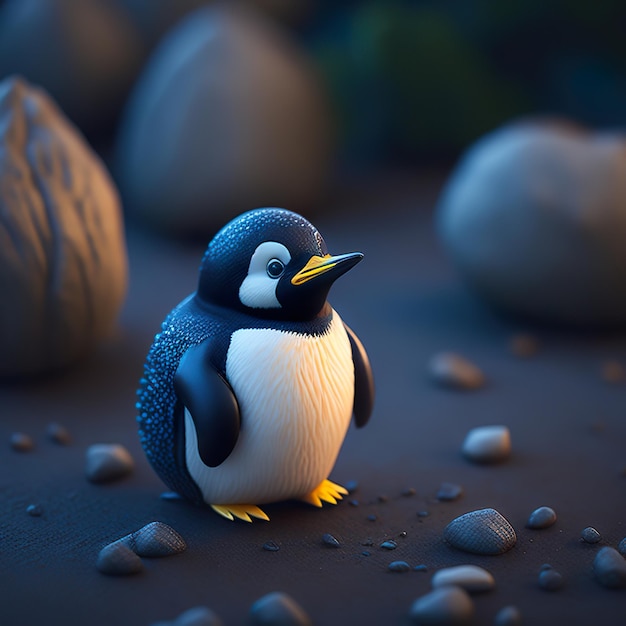 A penguin with a yellow beak stands on rocks.