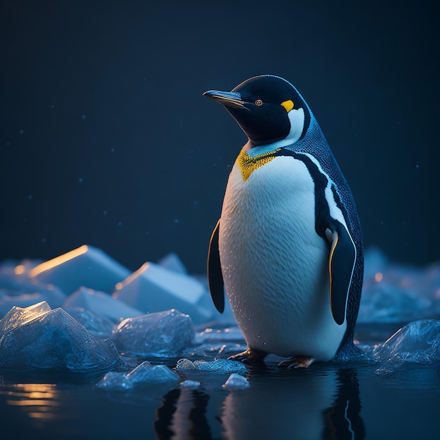 A penguin with yellow eyes stands on ice in a dark background.