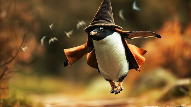 Penguin in a wizard costume sorcerer medieval theme cone hat Mascot surrealism closeup cartoon style magic witchcraft Wild animal in human attire concept Generative by AI