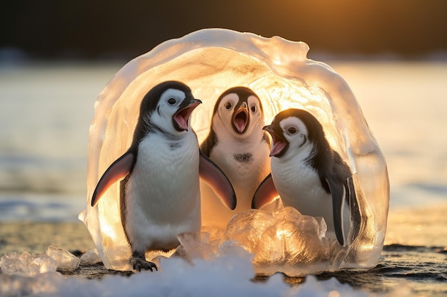 Photo penguins are in an ice cave with the word penguin on the bottom