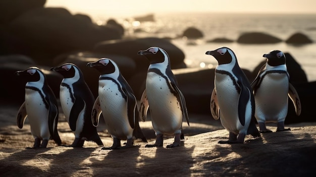 Penguins on a beach at sunset