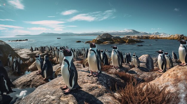 Penguins on a beach with mountains in the background