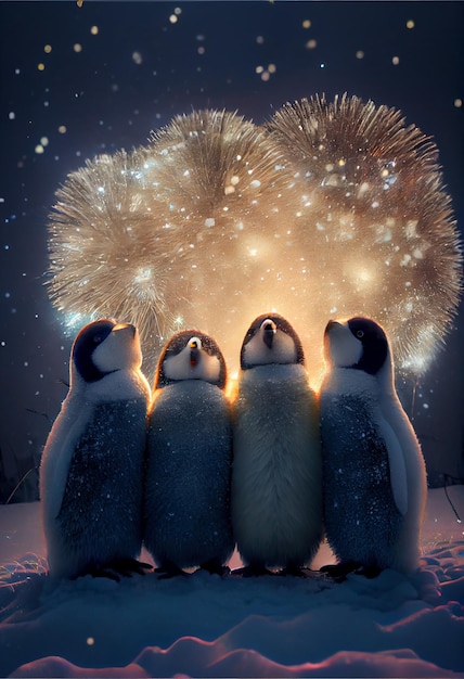 Penguins in front of a fireworks display