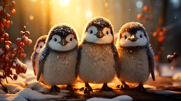 Penguins huddle together for warmth in the wintry Christmas environment