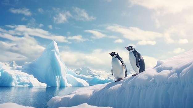 Penguins on the ice floe in Antarctica 3d render Generative AI