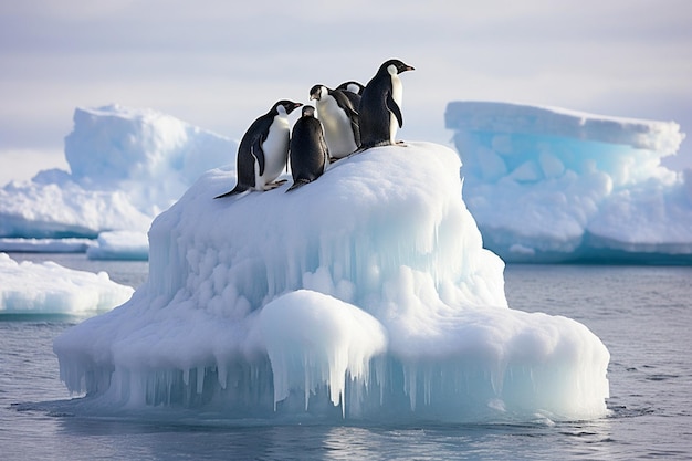 Photo penguins on an iceberg with one being a penguin on top of it