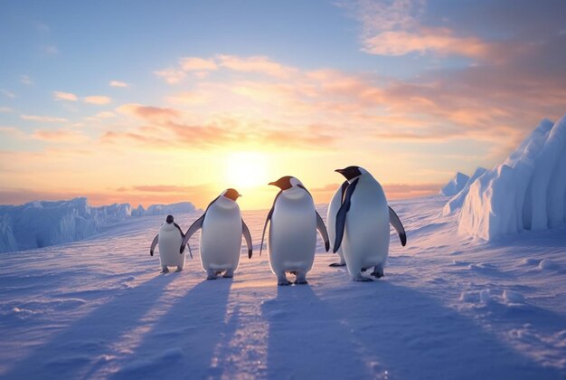 Penguins playing in the snow with the beauty of the sunset generative ai