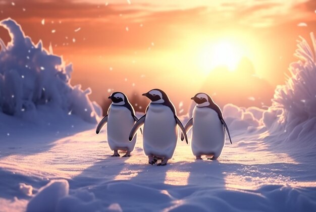 Foto pinguini che giocano nella neve con la bellezza del tramonto generativo ai