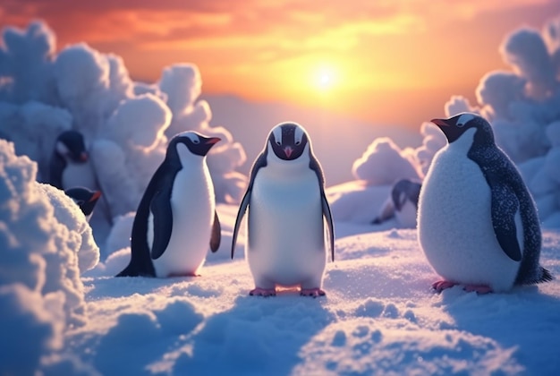 Penguins playing in the snow with the beauty of the sunset generative ai