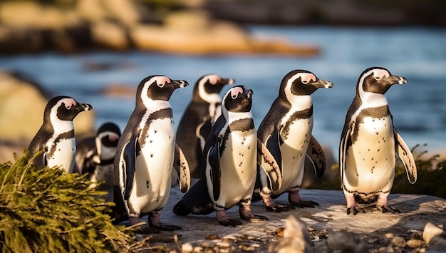 Penguins on a rock by the ocean