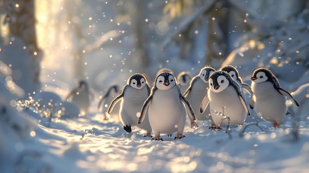 Penguins in the snow a moment of communal harmony soft ambient light enhancing the icy landscape capturing their social behavior in a tranquil natural setting scenic AI Generative