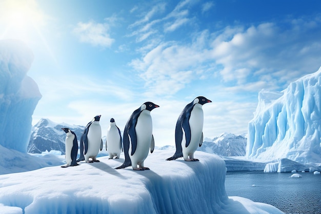 penguins standing on ice with the sun behind them