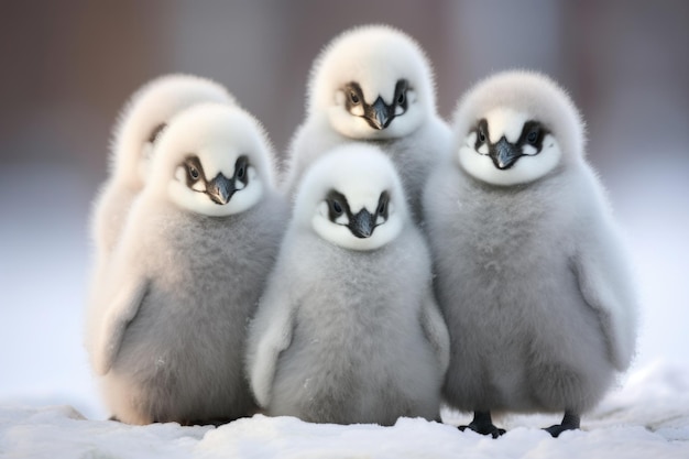 写真 暖かさを求めて集まって立つペンギン