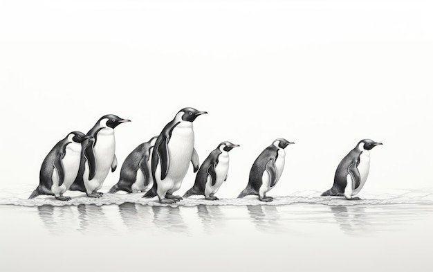 Penguins Waddling on Ice Isolated on White