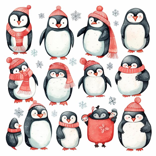 Photo penguins in winter clothes and hats with snowflakes generative ai