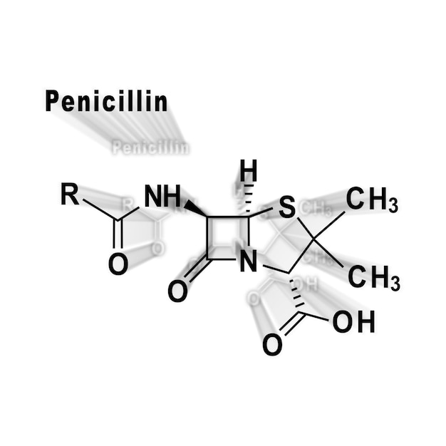 Penicillin, antibiotic drug, Structural chemical formula on a white background