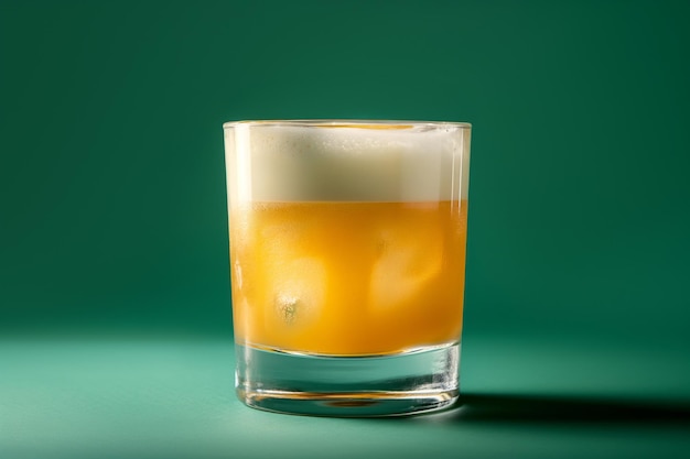 Penicillin cocktail with frothy top and lemon wheel garnish on a green background