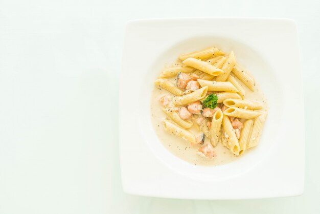 Penne carbonara pasta with salmon