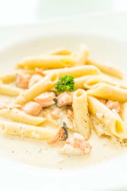 Penne carbonara pasta with salmon