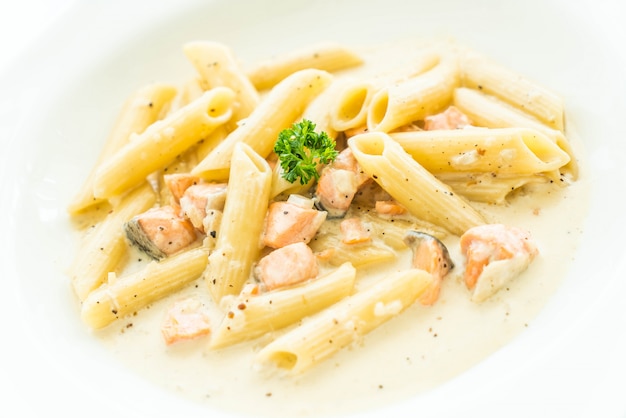 Penne carbonara pasta with salmon