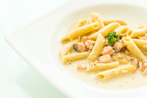 Penne carbonara pasta with salmon