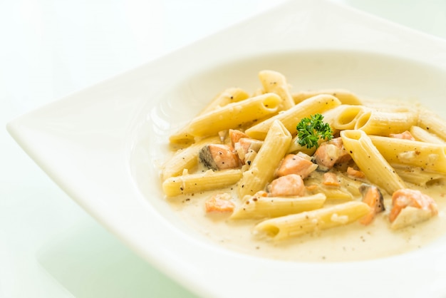 Penne carbonara pasta with salmon