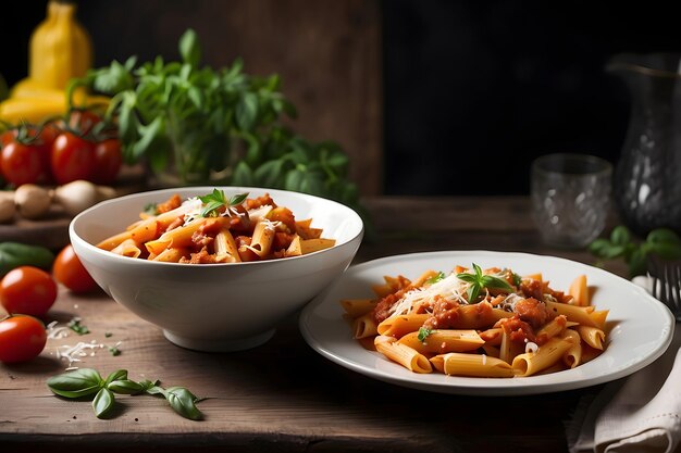 Foto penne met arabiata saus op een wit bord