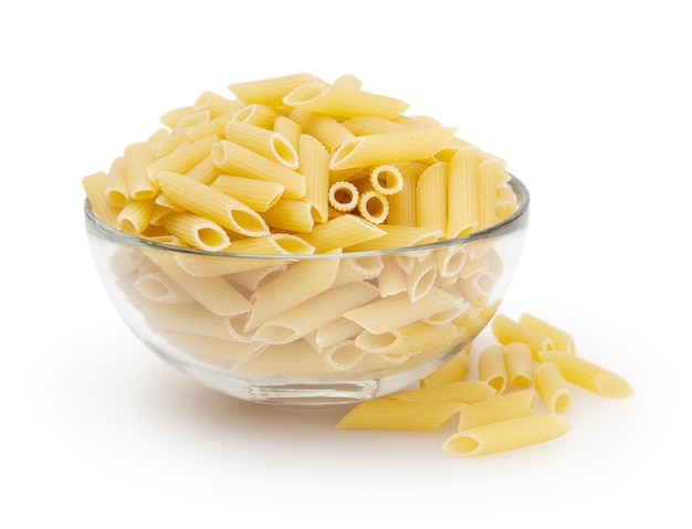 Penne pasta in bowl isolated on white background with clipping path