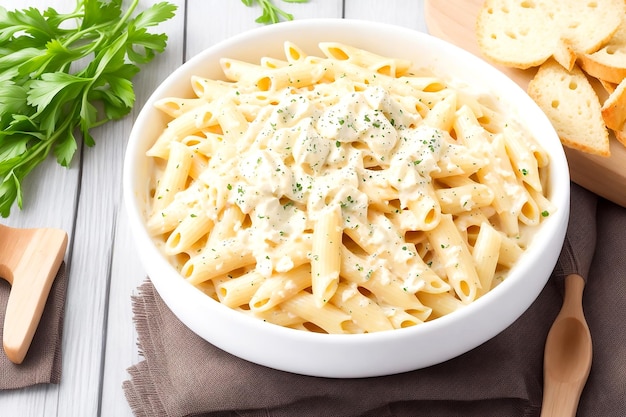 Паста с кремовым сыром Penne на деревянном фоне