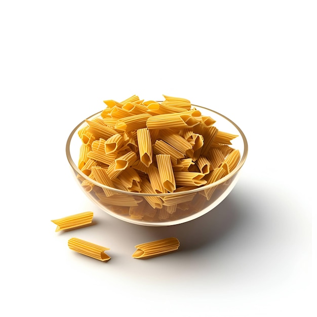 Penne pasta in glass bowl isolated on white background Top view